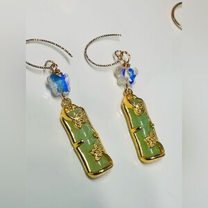 Gold-Trim lucky Bamboo & Swarovski Butterfly Drop Earrings